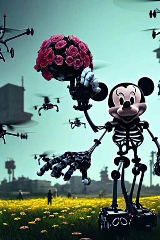 Prompt: a skeletal, mickey mouse made out of flowers and bones, walking with a robot, in the cyberpunk countryside, drones flying by beeple, nychos and arcimboldo, cinematic lighting, highly detailed octane render