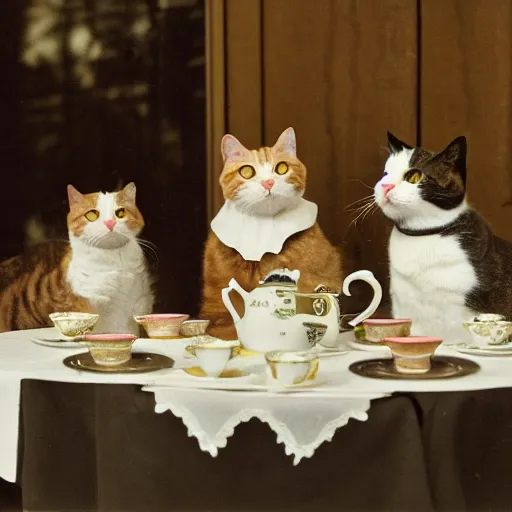 Prompt: two calico cats and a tabby cat attend a fancy english tea party, flickr explore