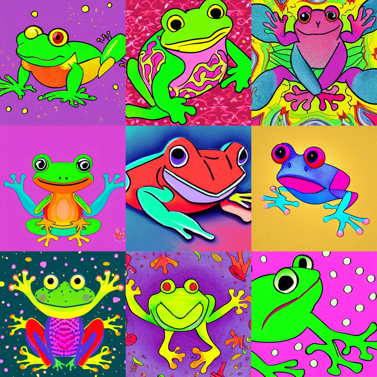 Prompt: a flamboyant whimsical frog, colorful illustration