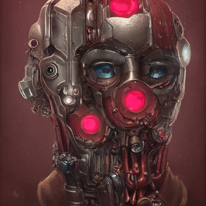 Prompt: portrait of a ruby Ultron from Age of Ultron, clockwork steampunk, head and chest only, by Beksinski, 4k, deviantart, trending on artstation