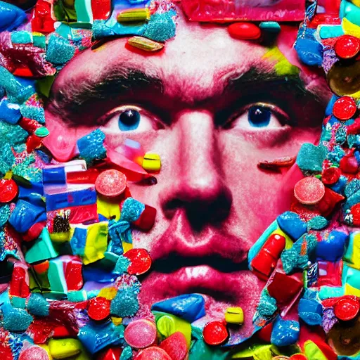 Image similar to a portrait of of john candy constructed from candy, collage, drop shadow, organic, layered composition, layers, texture, mcu, petals, highly textured, layered, sculpted, dynamic,