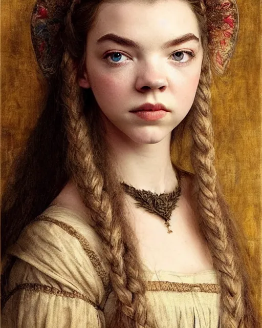 Image similar to anya taylor - joy medieval portrait, druid ranger, delicate detailed medieval portrait in the style of eugene de blaas, perfect face