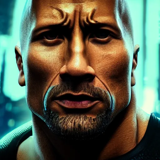 Image similar to dwayne johnson portrait, cyberpunk 2 0 7 7, photorealistic, ultra detailed, neon, octane, bokeh, cinematic lighting, cyber, cyberpunk city, studio quality, feature, scars, cyberface, 8 k