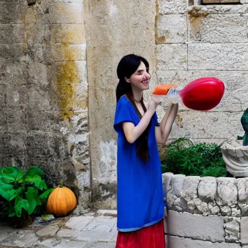 Image similar to anime girl in a greek womans clothing pouring water out of a gourd into a fountain, spanish alleyway