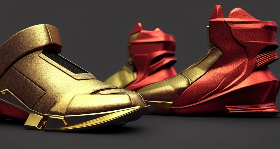 Prompt: realistic 3 d render of a cyberpunk android sneaker, beautiful studio lighting, soft, sharp focus, neon cyberpunk highlights, intricate detail, gold and red accents, soft rubber, octane render, side view, close up, trending on artstation, deviantart, syd mead, moebius