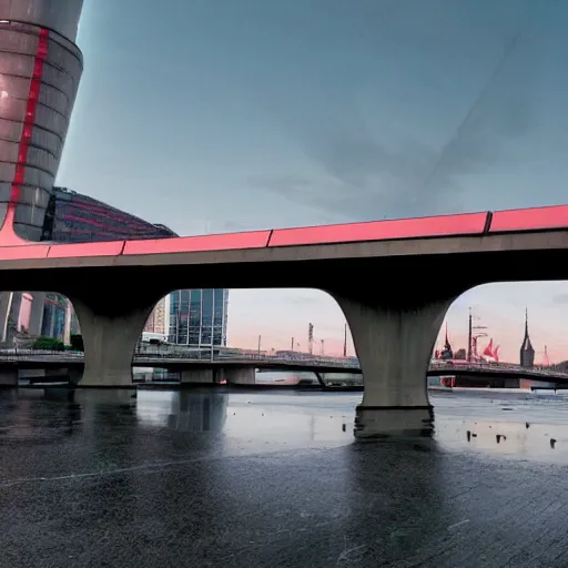 Image similar to view on vansu bridge in riga in year 2 1 0 0, futuristic, cyberpunk