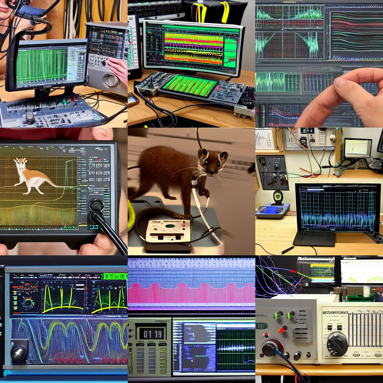 Prompt: an oscilloscope shaking a sound wave, wiggling a weasel, a stoat sinusoid spectacle