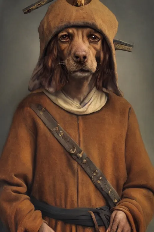 Prompt: Slavic dog head man, woolen torso in medieval clothes, Saint Christopher, oil painting, hyperrealism, beautiful, high resolution, trending on artstation,