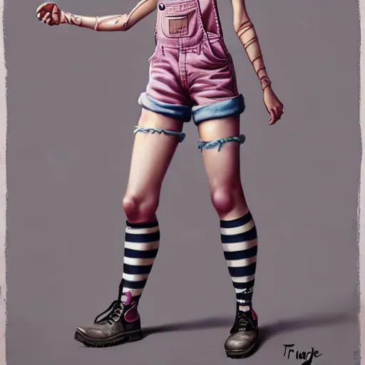 Image similar to full body pose, pixar, beautiful androgynous girl, pink pixie cut hair, torn overalls, short shorts, combat boots, fishnets, beautiful, highly detailed face, true anatomy!, extremely detailed!, digital painting, unreal engine 5, art by tom bagshaw