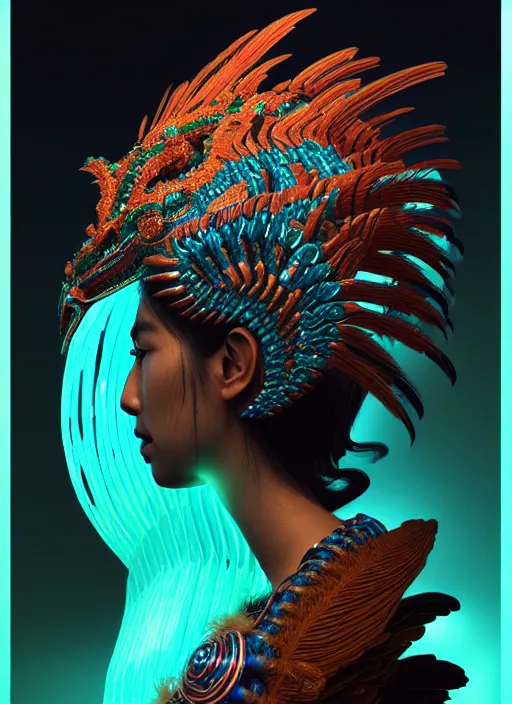 Image similar to 3 d mexican goddess profile portrait. beautiful intricate highly detailed quetzalcoatl helmet and feathers. low - key lighting, bioluminescent, plasma, lava, ice, water, wind, creature, thunderstorm! artwork by tooth wu and wlop and beeple and greg rutkowski, 8 k trending on artstation,