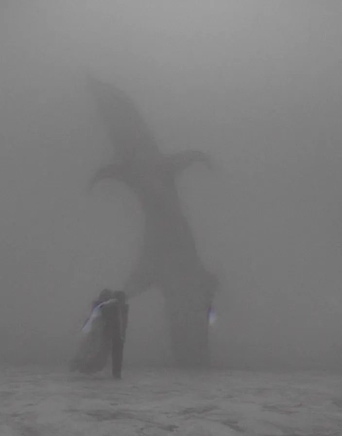 Image similar to very low - resolution found footage of a couple escaping in the city from a starfish kaiju monster, fog, foggy, korean film noir, monochrome, red hue, thriller, underdeveloped, epic, dramatic