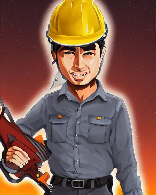 Image similar to Digital presidential anime art of Alvaro Uribe Velez holding a chainsaw by A-1 studios, serious expression, empty warehouse background, highly detailed, spotlight