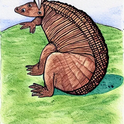 Image similar to armadillo reading the bible children's storybook illustration, ink and watercolor