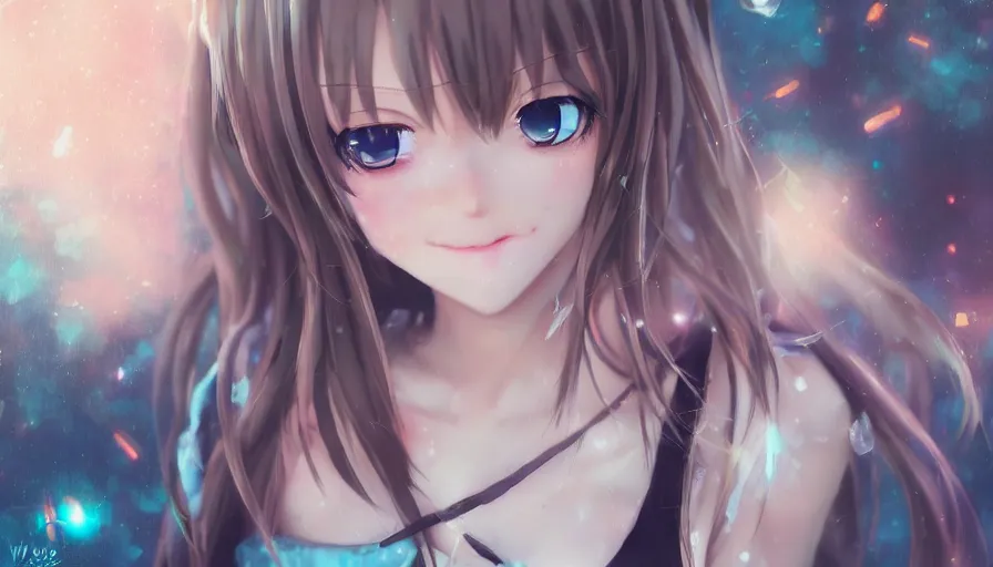 Image similar to cute anime girl by wlop, detailed eyes, heterochromia, bright eyes, closeup, happy expression, short minidress, light clothing, light rain, hyper real, detailed digital art, hatsune miku, photorealistic