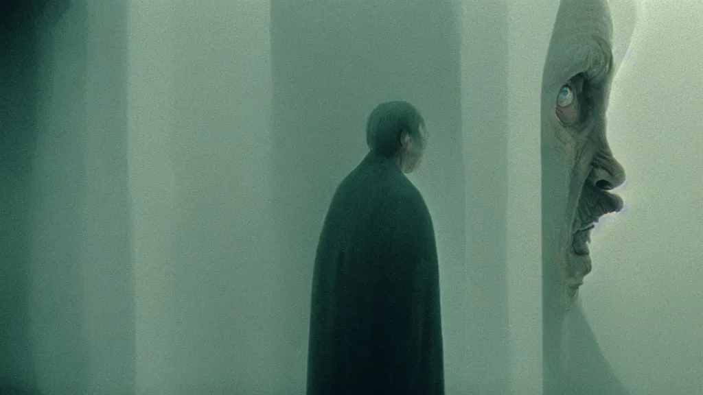 Image similar to the strange creature from my eye, we ait in line at the bank, film still from the movie directed by denis villeneuve and david cronenberg with art direction by salvador dali and zdzisław beksinski, wide lens