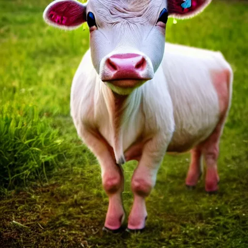 Image similar to very very very very cute chibi baby cow, portrait, pixar style, happy meadow background, cinematic lighting, award winning creature portrait photography