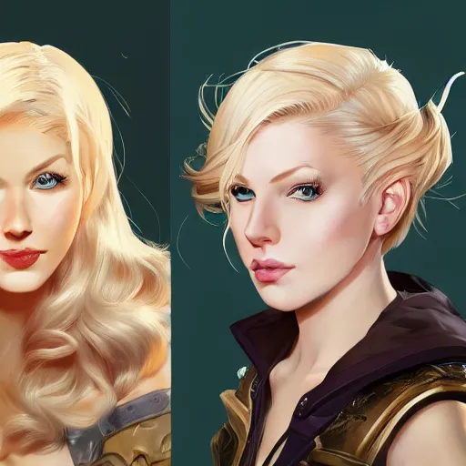 Prompt: portrait of beautiful gamergirl with blond hair and blue eyes, League of Legend illustration by Sam Youn:2, profile picture by Gil Elvgren:2, asymmetrical, Organic Painting, Ambient Occlusion:3, Matte Painting, bold shapes, hard edges, street art, trending on artstation, realistic:2 by Sachin Teng:5