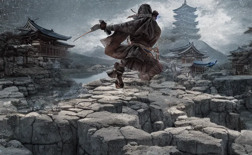 Image similar to highly detailed digital illustration of ninja shinobi in the white puddle in old, ruined, japanese village from sengoku period, surrounded by the white desert, with dark rocks, cinematic lighting, photobash, raytracing, volumetric lighting