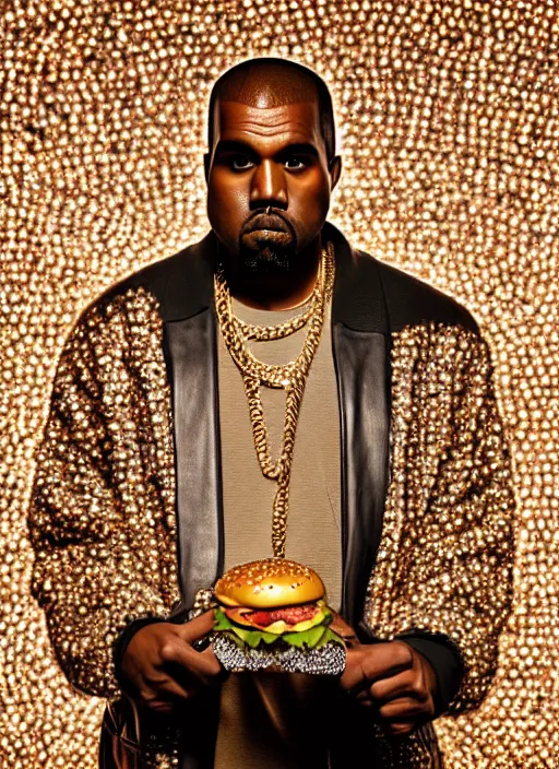 Image similar to Kanye West wears a diamond encrusted cheeseburger on a chain to Rowley Regis fashion week, movie still, cinematic lighting, dramatic, octane render, long lens, shallow depth of field, 8k, hyper detailed