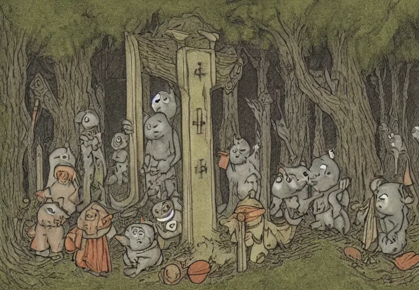 Image similar to possums dressed like a monk at a scary medieval cemetery in the middle of the forest at night, isometrical, highly detailed, by Maurice Sendak, colorized