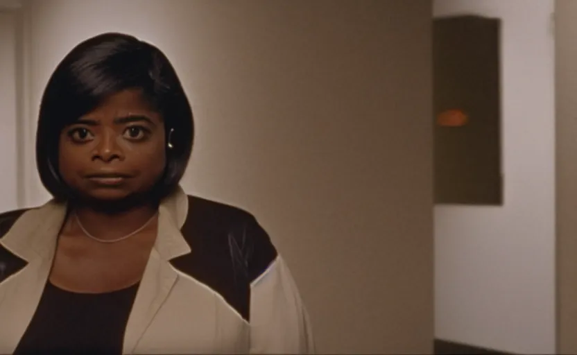 Prompt: cinematic shot from a 1 9 8 5 paranoid thriller, screenshot of octavia spencer removes a hearing device from her ear, in the near future, film directed by stanley kubrick, color theory, apartment design, leading lines, photorealistic, volumetric lighting