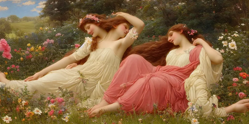 Image similar to Young goddess in a field of divine flowers by Alexander Averin and Charlie Bowater and Guillaume Seignac and Charles Edward Perugini and Edmund Blair Leighton and Delphin Enjolras