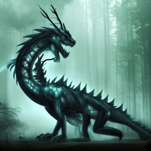 Prompt: a ghostly dragon staring menacingly in a foggy forest concept art, intricate, highly detailed, ultra realistic