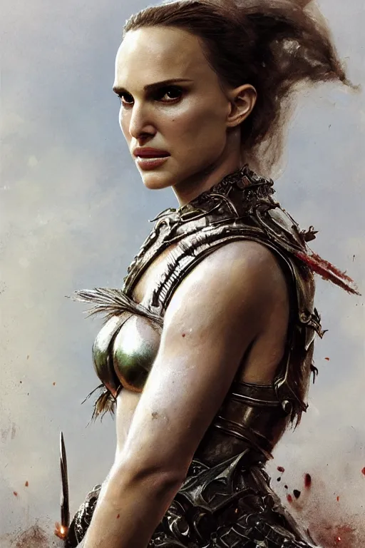 Image similar to natalie portman, legendary warrior, heroic, lord of the rings, tattoos, decorative ornaments, battle armor, by carl spitzweg, ismail inceoglu, vdragan bibin, hans thoma, greg rutkowski, alexandros pyromallis, perfect face, fine details, realistic shading photorealism