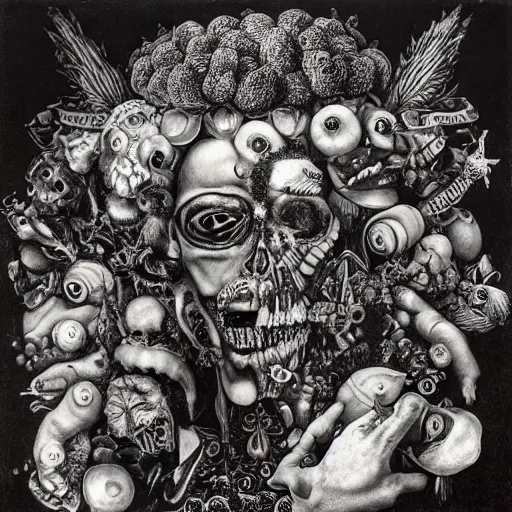 Image similar to punk album cover, psychedelic, black and white, giuseppe arcimboldo