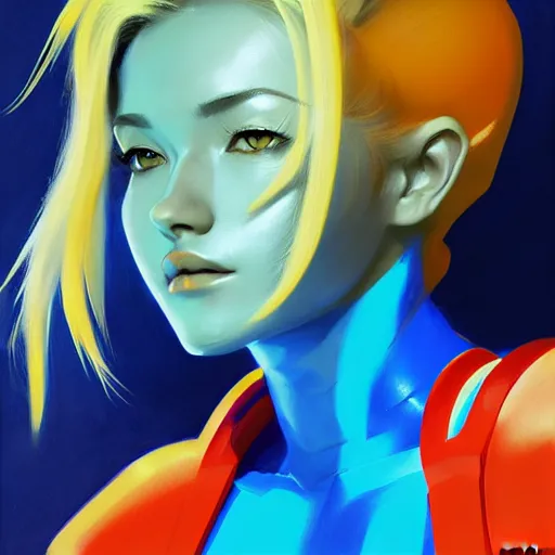 Prompt: portrait of Zero Suit Samus, medium shot, asymmetrical, profile picture, Organic Painting, sunny day, Matte Painting, bold shapes, hard edges, street art, trending on artstation, by Greg Manchess and Huang Guangjian and Loish and Gil Elvgren and Sachin Teng