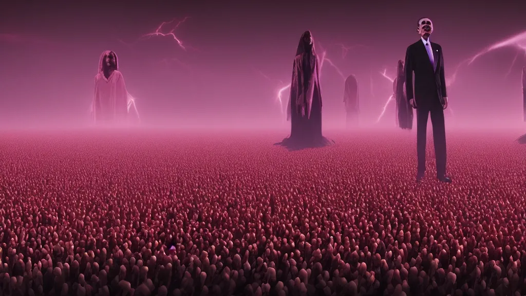 Prompt: 1000 vampire Obama clones with plasma eyes worshipping their Obama god floating above ; render by Beeple, 4K