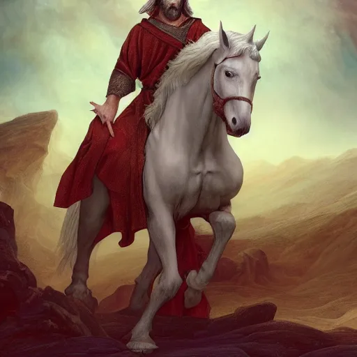 Image similar to a masterpiece!! matte painting of a handsome!! man riding on a white horse with eyes like flames!, many crowns!! upon his head, a robe dipped in blood!, by gustav dore and paul barson, 8 k, uhd, cgsociety, trending on artstation, coruscation!!, crepuscular!!