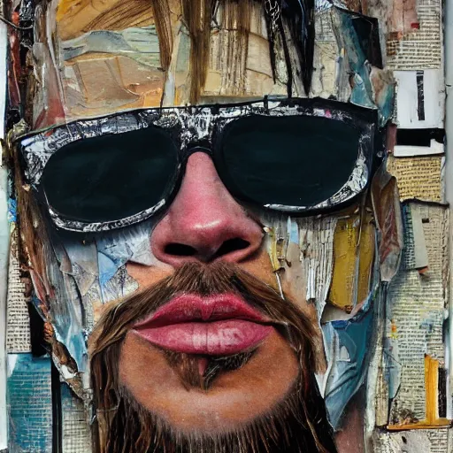 Prompt: detailed analogue mixed media collage with canvas texture in style of contemporary art, punk art, hyperrealistic 3 9 - year - old french bearded longhaired yoga punk singer wearing sunglasses, commercial model and actor, brad pitt's nose. photorealistic, expressionism, masterpiece, perfect composition, spectacular quality, intricate oil details, vivid broken glass, torn paper, magazine pages