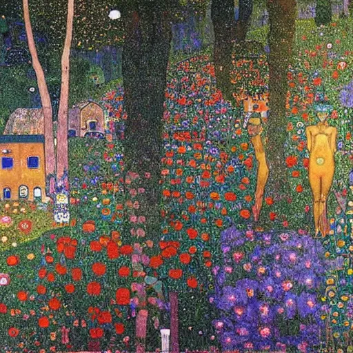 Image similar to an ancient village in a magical forest, painting by Gustav Klimt and Andy Warhol