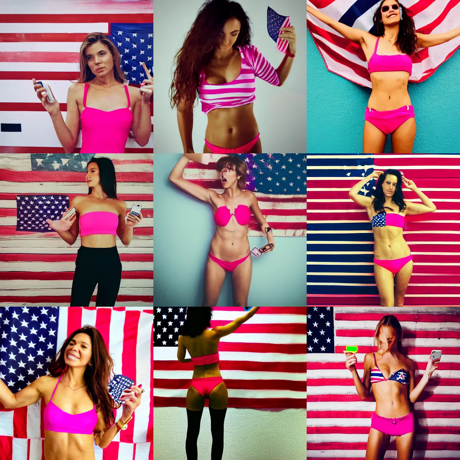 Prompt: a woman in a pink top holding up a cell phone in front of an american flag wall with an american flag behind her and a woman in a red bikini top with a gold ring on her left hand, and a finger, and, a picture by isabel naftel, instagram, superflat, full body, sensual, colorful