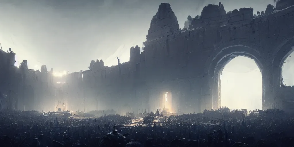 Image similar to gladiator arena with black walls and eerie, mysterious blue lights, high contrast in the style of marcin rubinkowski, greg rutkowski, lorenzo lanfranconi, oleg zherebin, trending on artstation