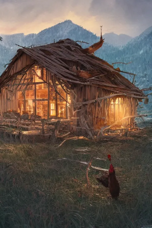 Image similar to an awesome twilight day concept art of old hut with chicken legs, by kengo kuma and wes anderson with village, mixed development, cgsociety, fantastic realism, artstation hq