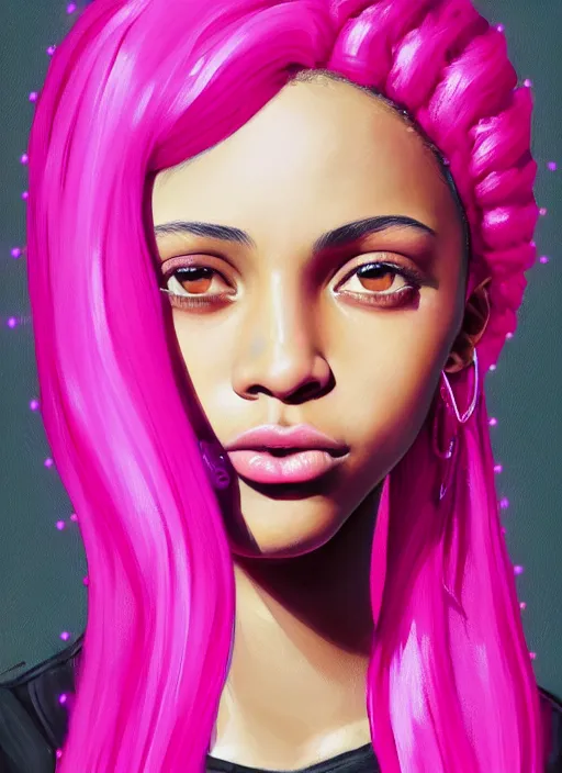 Image similar to portrait of teenage vanessa morgan with bright pink hair, black girl, curly pixie cut hair, wearing a purple breton cap, breton cap, hoop earrings, intricate, elegant, glowing lights, highly detailed, digital painting, artstation, concept art, smooth, sharp focus, illustration, art by wlop, mars ravelo and greg rutkowski