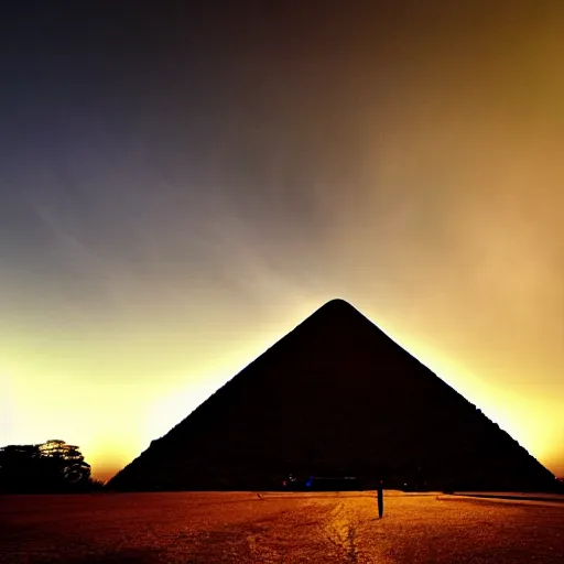 Image similar to big pyramid with blue glow lights and huge spaceship in sky, fog in background, cinematic looking, drama, scary