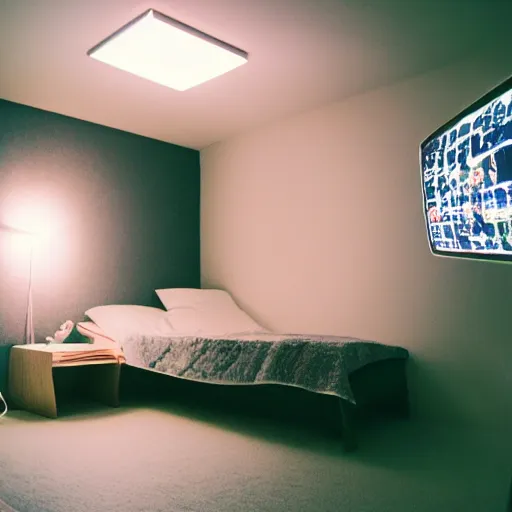 Image similar to calm photo of a futuristic otaku bedroom, bokeh + calm lighting