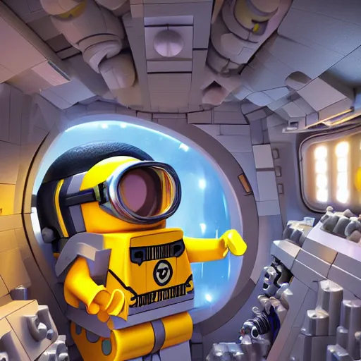 Image similar to lego minion astronaut in the spaceship by goro fujita by beeple, realism, sharp details, cinematic, highly detailed, digital, 3 d, yellow colors