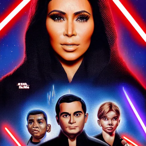 Image similar to super detailed star wars movie poster with ben shapiro, snooki and kim kardashian, 8k full HD photo, cinematic lighting, anatomically correct, oscar award winning, action filled, correct eye placement,