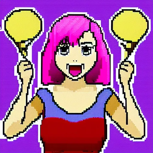 Image similar to portrait colorful anime girl with big eyes and pink hair eating ice cream pixel art