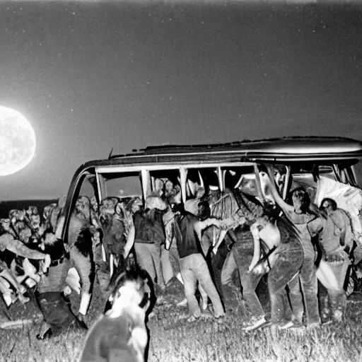 Image similar to A photo of hundreds of ravenous zombies attacking a recreational vehicle that has been shoddily reinforced with metal plates and barbed wire. It's night, under bright moonlight.