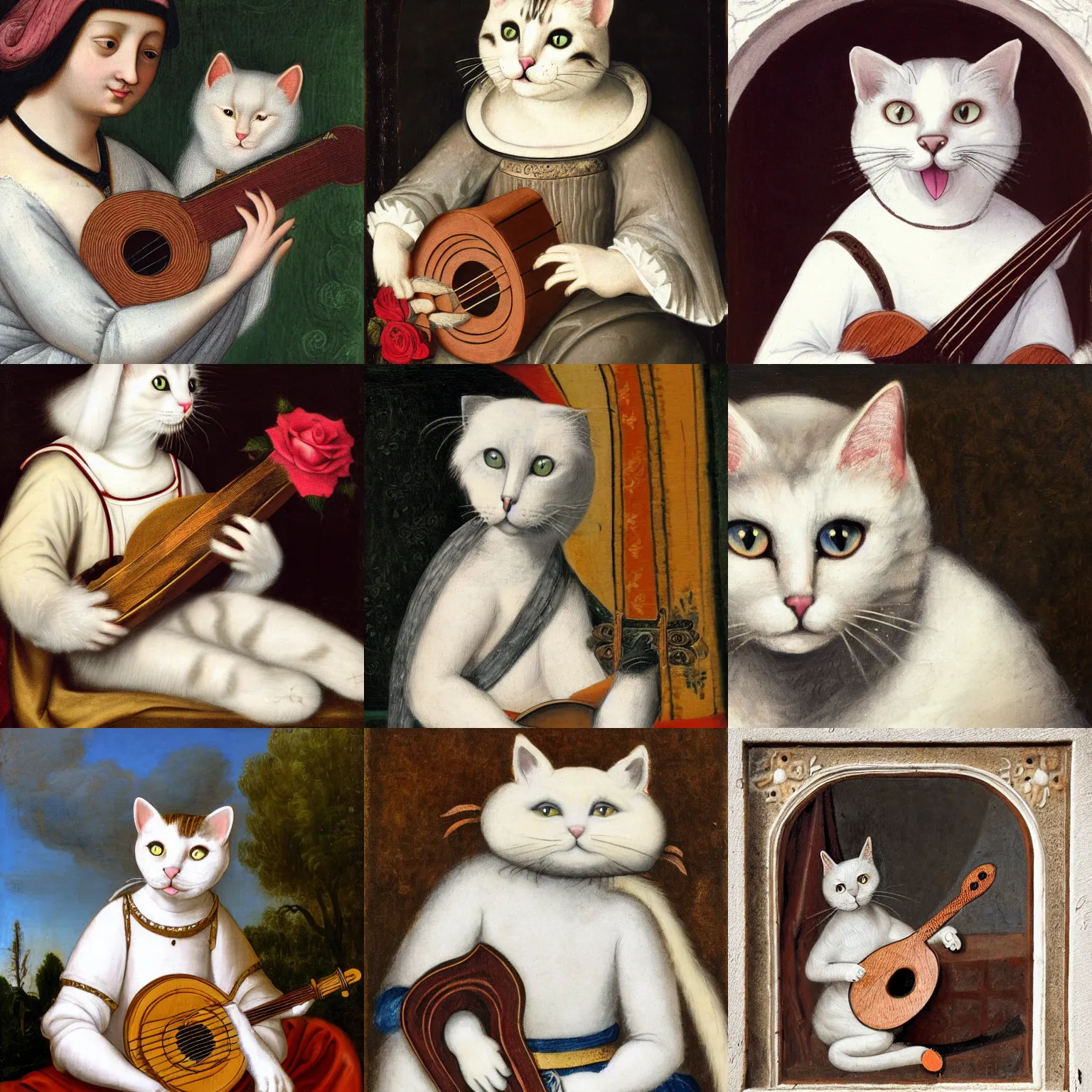 Prompt: cat with lute, sitting in the rose garden, white fur, medieval portrait, close up