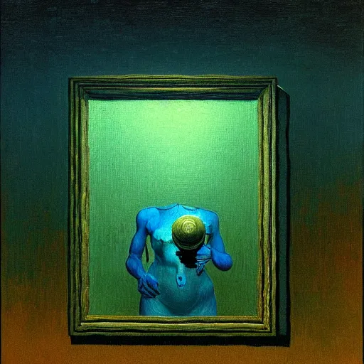 Image similar to A reinforcement learning agent recognizes itself in the mirror- contest-winning artwork by Salvador Dali, Beksiński, Van Gogh and Monet. Stunning lighting