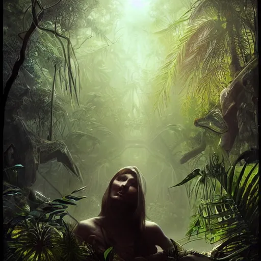 Image similar to a hyperrealistic illustration of a dark figure in a jungle, Jungle with fractal sunlight, award-winning, masterpiece, in the style of Tom Bagshaw, Cedric Peyravernay, Peter Mohrbacher