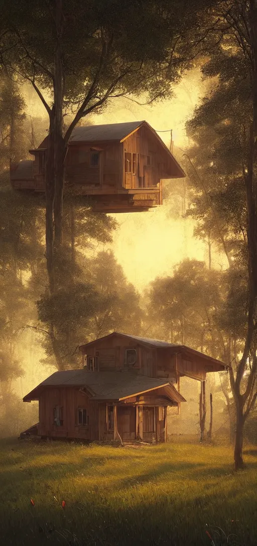 Image similar to a highly detailed epic cinematic concept art CG render digital painting artwork: small family cabin House, modern archetecture, excessove vegetation, foggy, dreamy, golden hour sunset By Greg Rutkowski, in the style of Francis Bacon and Syd Mead and Norman Rockwell and Beksinski, open ceiling, highly detailed, painted by Francis Bacon and Edward Hopper, painted by James Gilleard, surrealism, airbrush, Ilya Kuvshinov, WLOP, Stanley Artgerm, very coherent, triadic color scheme, art by Takato Yamamoto and James Jean