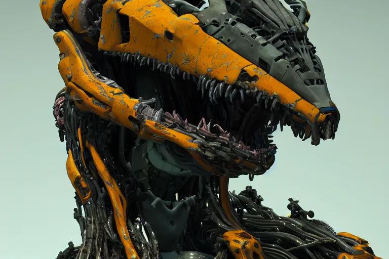 Image similar to portrait of a posed hyper detailed yellow scrounger evangelion realistic mechanical and fleshy organic creature similar look as horizon forbidden west horizon zero dawn bioluminiscence in a dark deep forest at dawn in spring, with reflection and textures, by kilian eng, substance painter reaslitic mech surface metal painted scratches