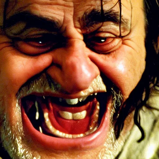 Prompt: the lord of the ring gimili played by danny devito laughing directed by peter jackson film still face close up dramatic lighting